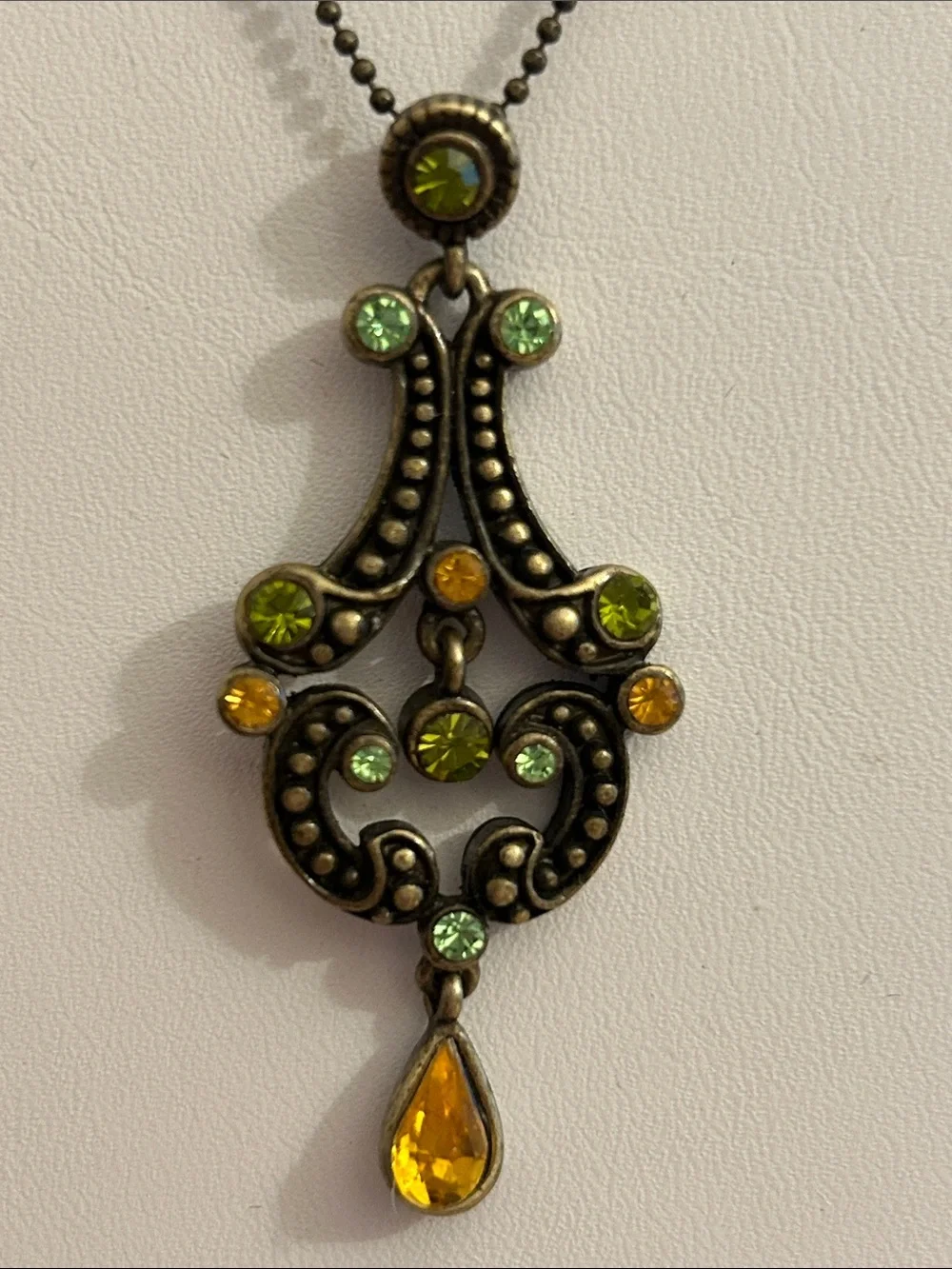 Antique-Style Green & Yellow Crystal Drop Necklace